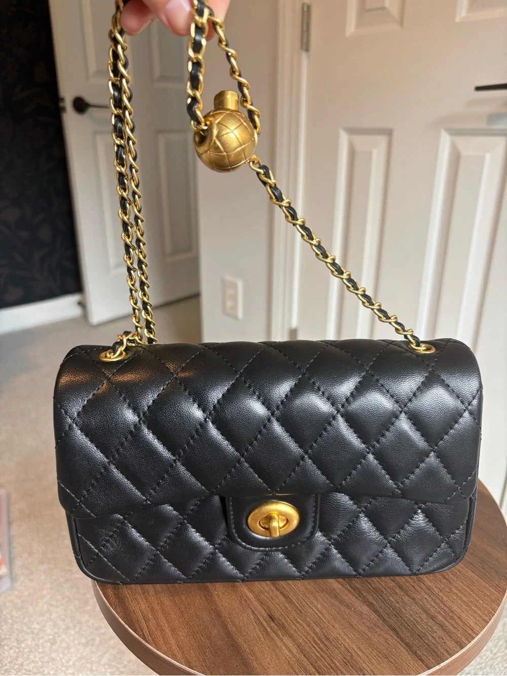 Black Quilted Chain Shoulder Bag with Gold Hardware